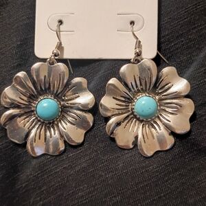 Silver Floral Earrings with Turquoise Accent